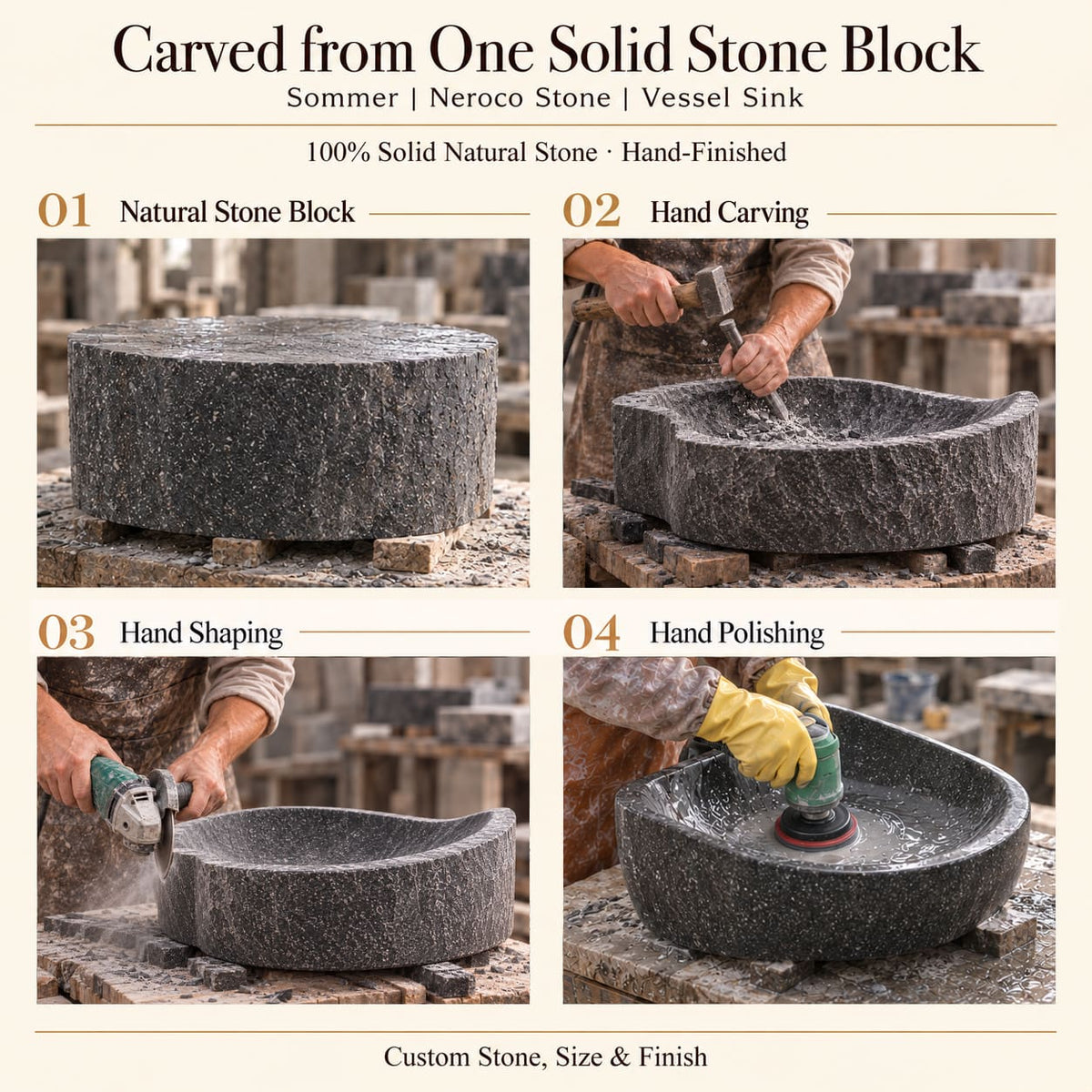 Sommer Neroco Stone Vessel Sink carved from one solid stone block, with manual hammer-and-chisel carving, hand shaping and hand polishing; custom stone, size and finish.