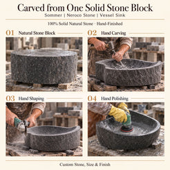 Sommer Neroco Stone Vessel Sink carved from one solid stone block, with manual hammer-and-chisel carving, hand shaping and hand polishing; custom stone, size and finish.