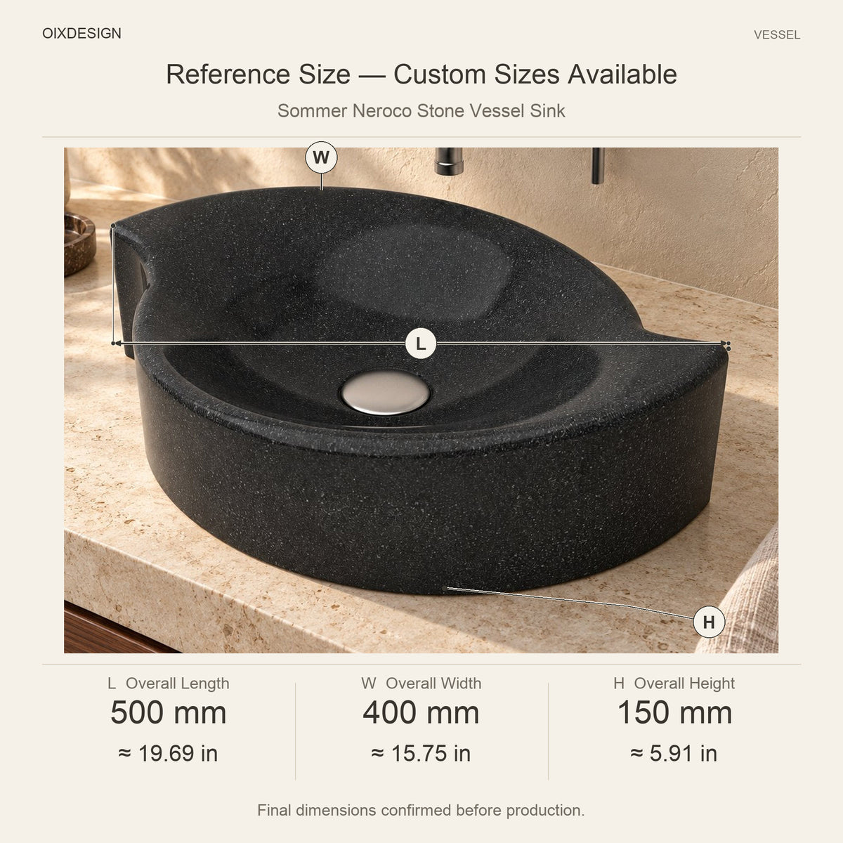 Sommer Neroco Stone Vessel Sink reference overall dimensions in millimeters and inches