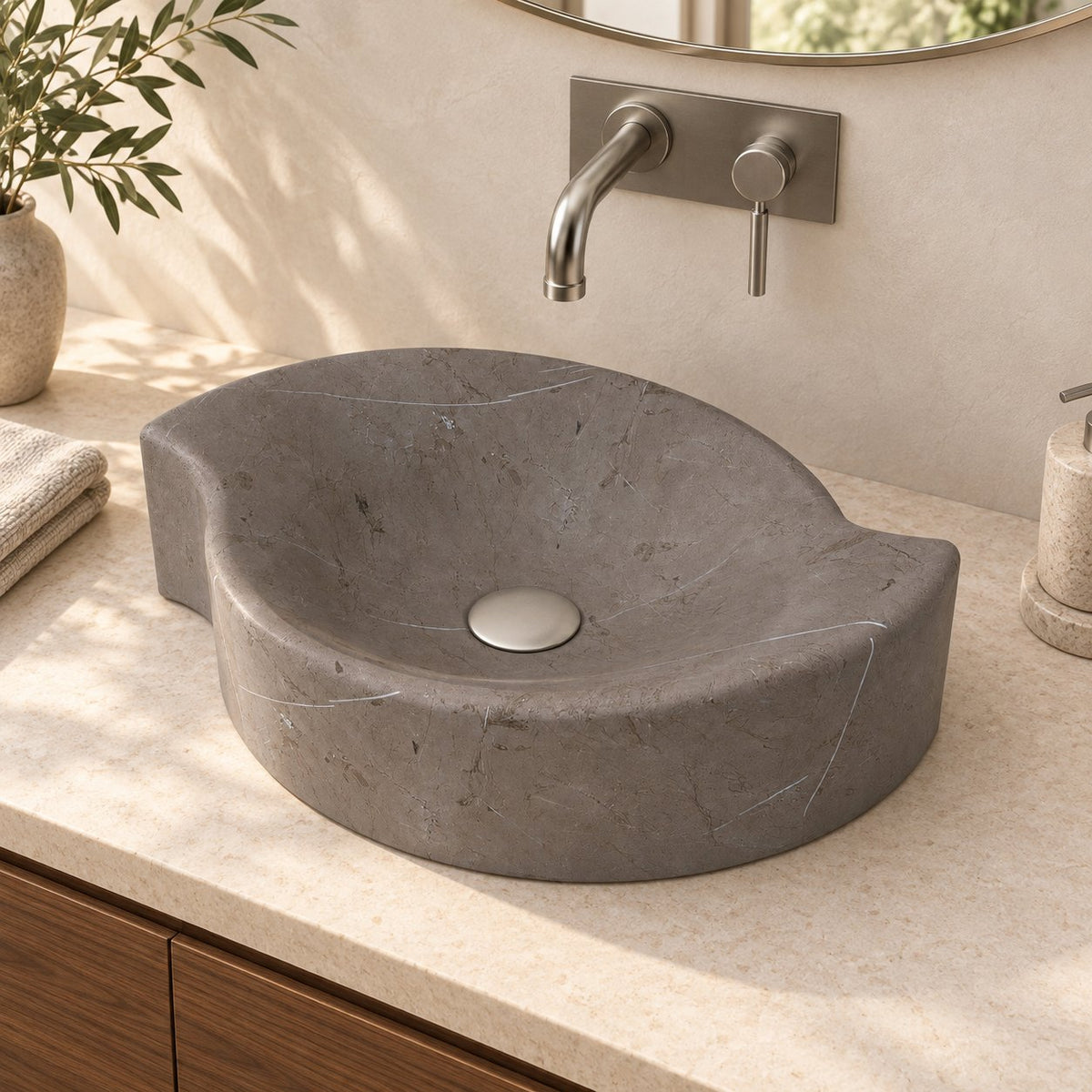 Sommer Perlato Marble Vessel Sink — three-quarter bathroom lifestyle