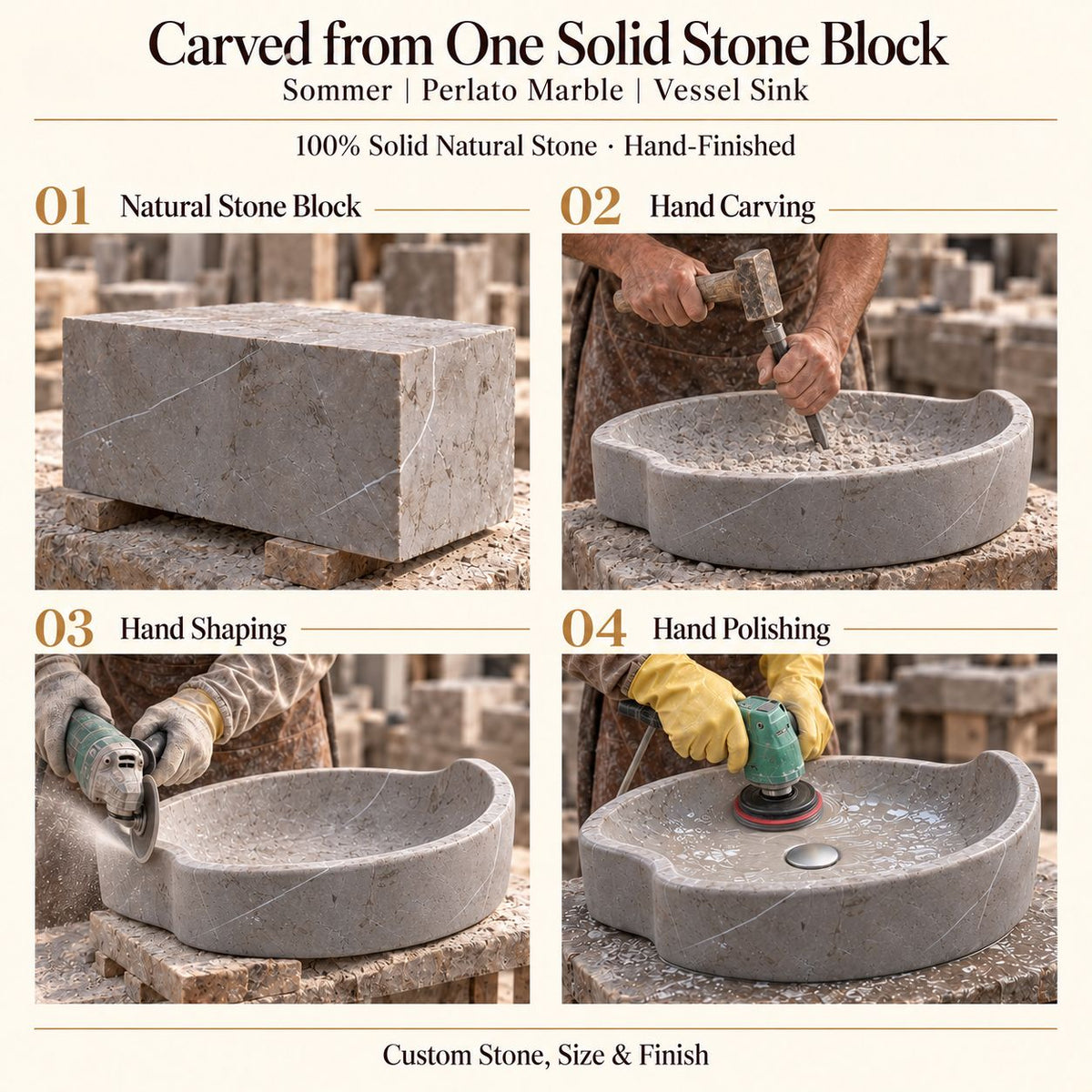 Sommer Perlato Marble Vessel Sink carved from one solid stone block, showing manual hammer-and-chisel carving, hand shaping and hand polishing; custom stone, size and finish.