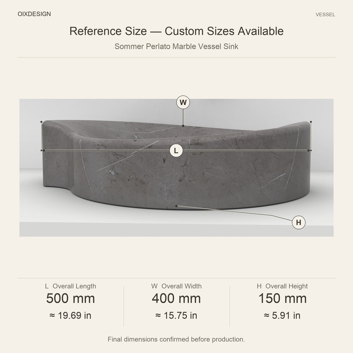 Sommer Perlato Marble Vessel Sink reference overall dimensions in millimeters and inches