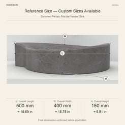 Sommer Perlato Marble Vessel Sink reference overall dimensions in millimeters and inches