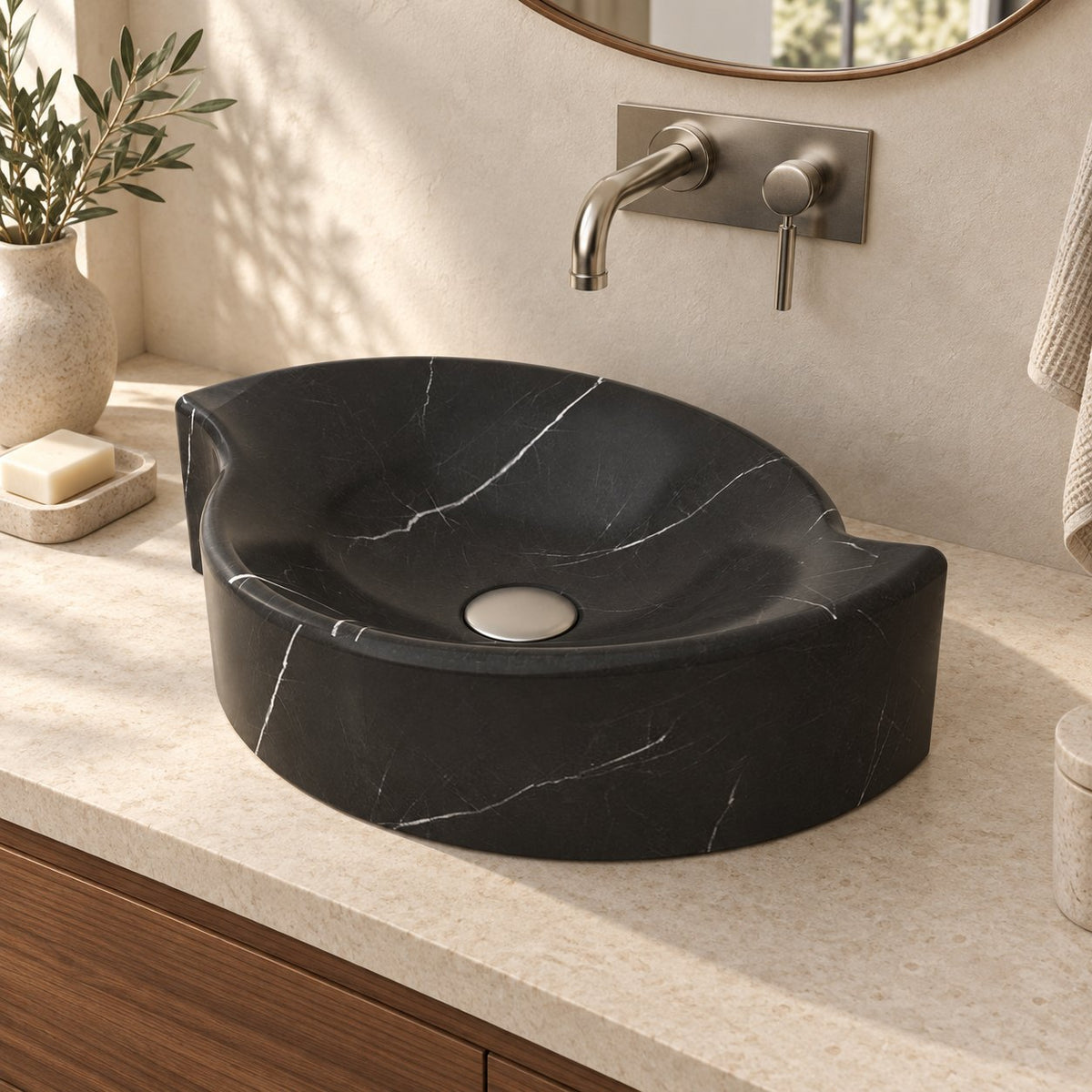 Sommer Portoro Marble Vessel Sink — three-quarter bathroom lifestyle