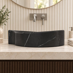 Sommer Portoro Marble Vessel Sink — low frontal bathroom lifestyle