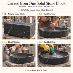 Sommer Portoro Marble Vessel Sink carved from one solid stone block, showing manual hammer-and-chisel carving, hand shaping and hand polishing; custom stone, size and finish.
