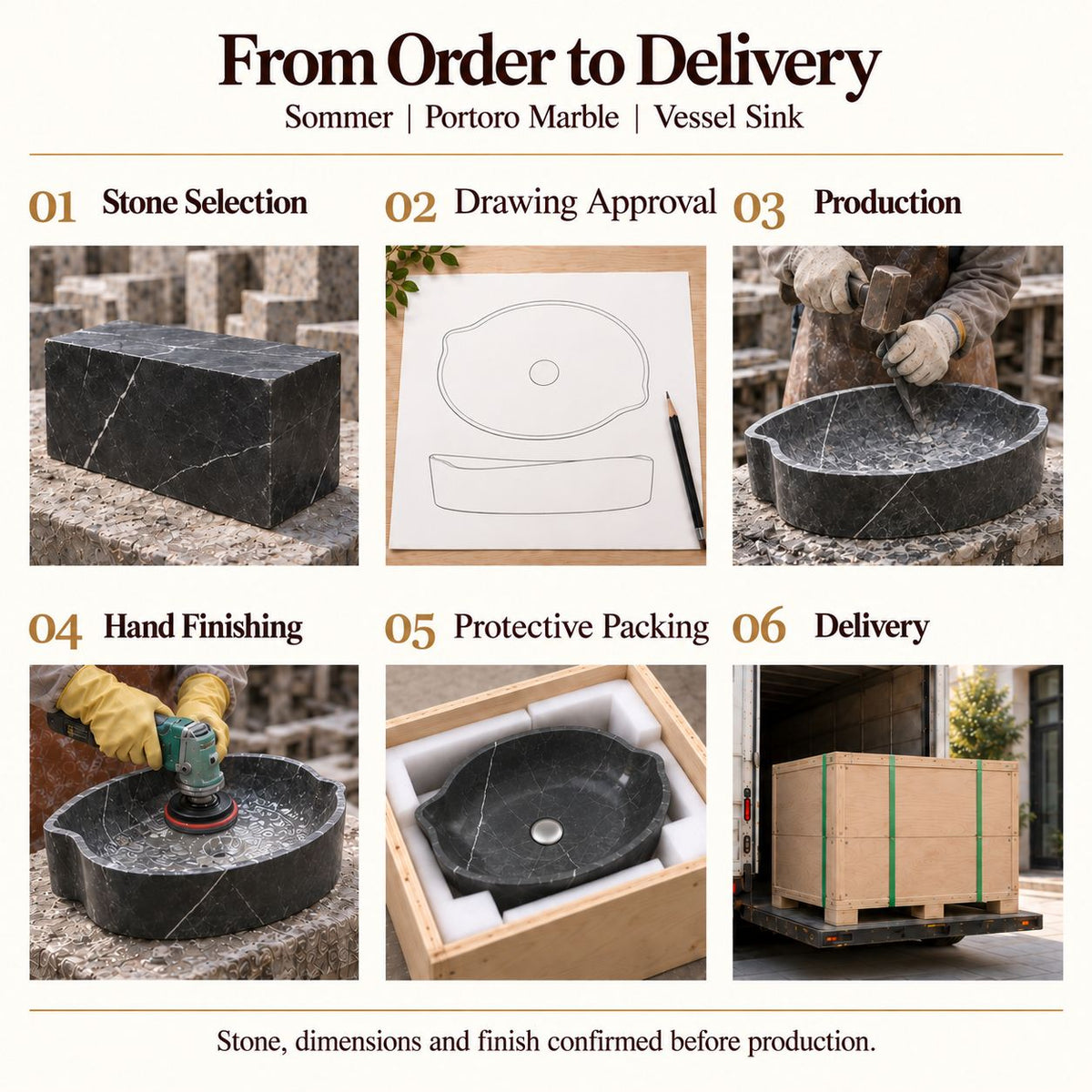 Sommer Portoro Marble Vessel Sink from order to delivery: material selection, drawing approval, production, hand finishing, protective foam packing in a plywood crate and delivery; specifications confirmed before production.