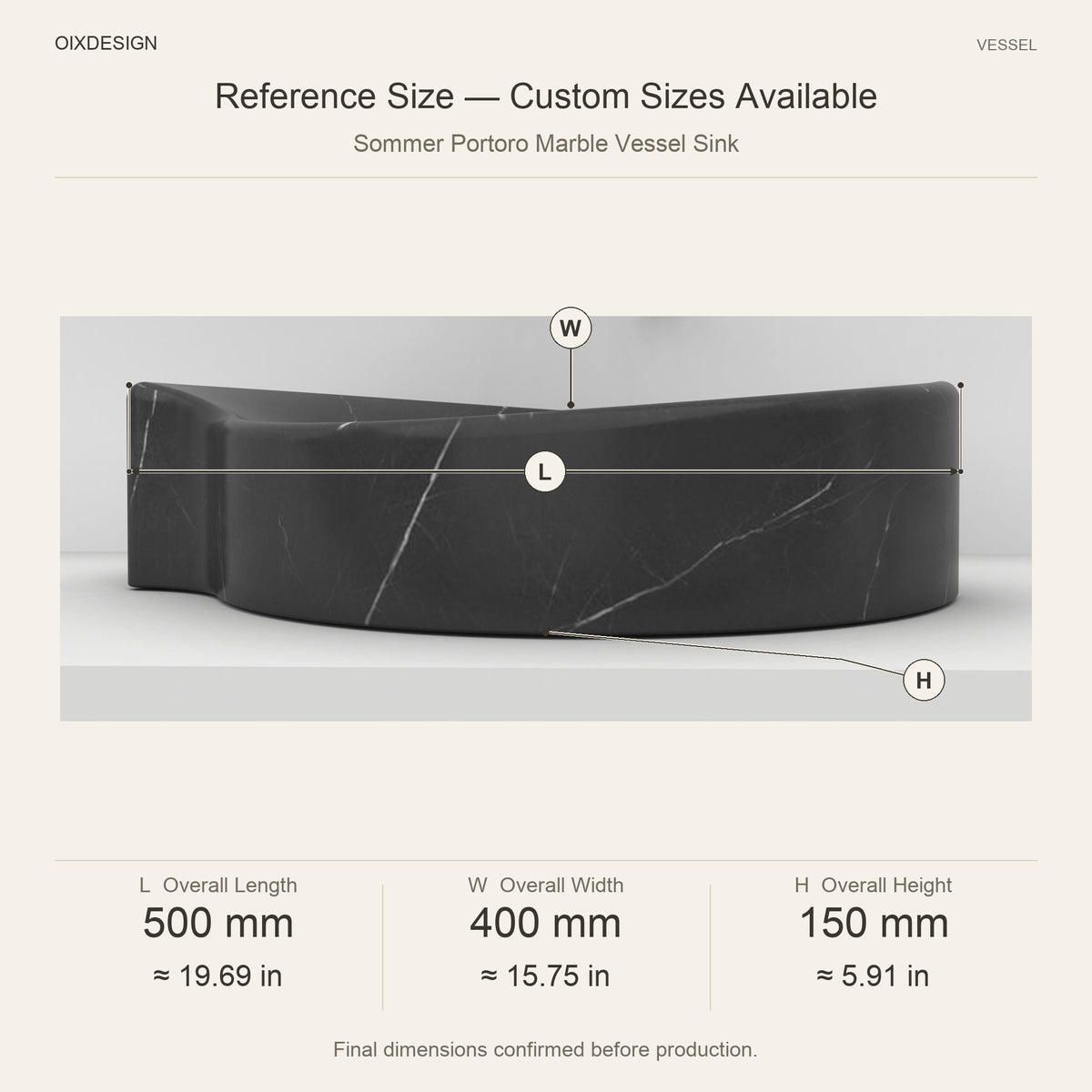 Sommer Portoro Marble Vessel Sink reference overall dimensions in millimeters and inches
