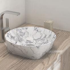Sonaly Arabescato Stone Vessel Sink, countertop hero lifestyle view