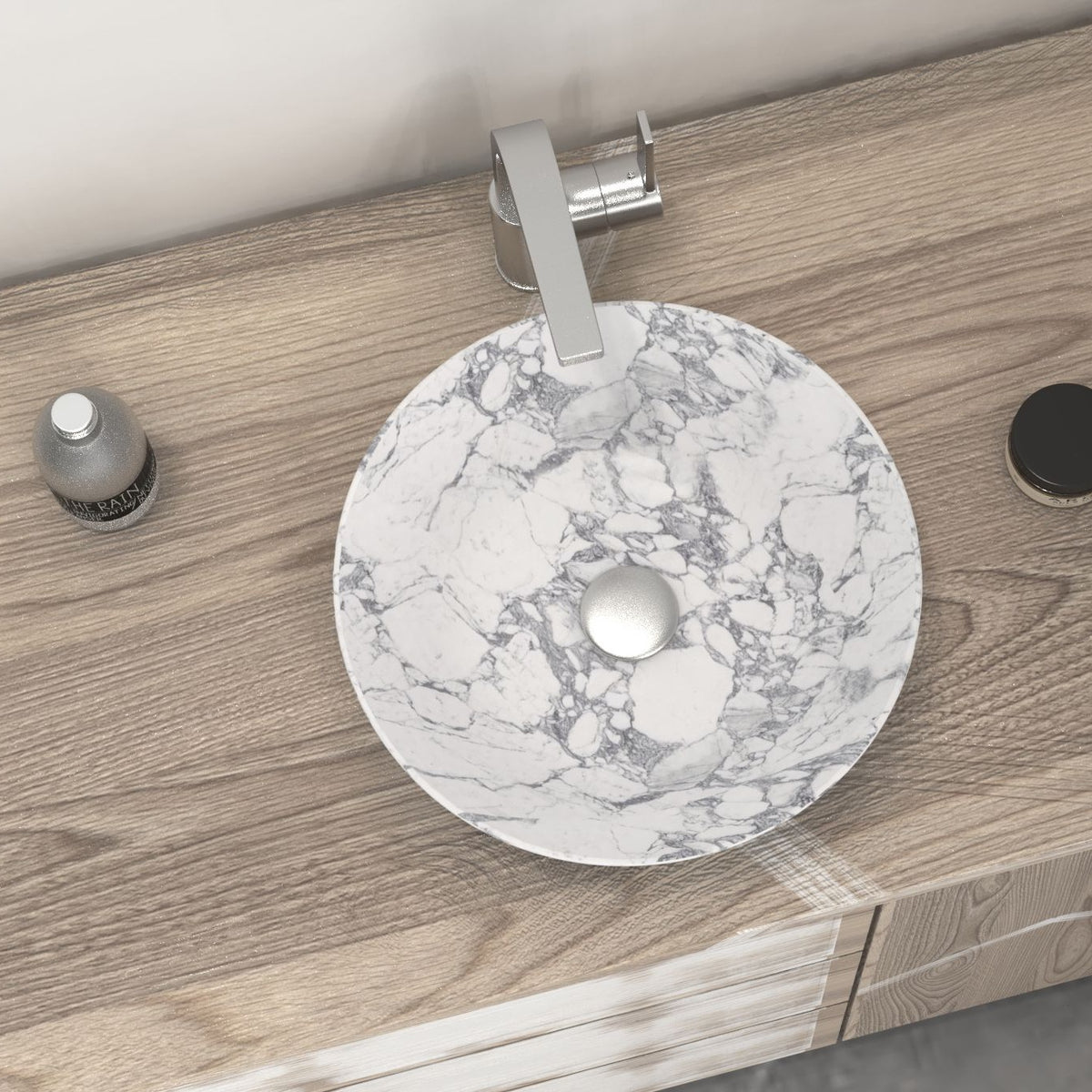 Sonaly Arabescato Stone Vessel Sink, alternate countertop lifestyle view