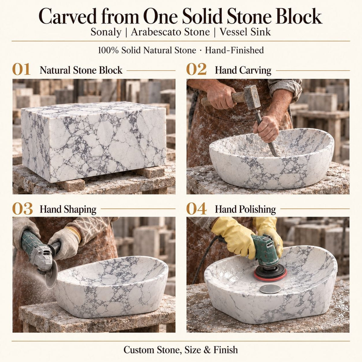 Sonaly Arabescato Stone Vessel Sink carved from one solid stone block, showing manual hammer-and-chisel carving, hand shaping and hand polishing; custom stone, size and finish.