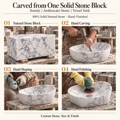 Sonaly Arabescato Stone Vessel Sink carved from one solid stone block, showing manual hammer-and-chisel carving, hand shaping and hand polishing; custom stone, size and finish.