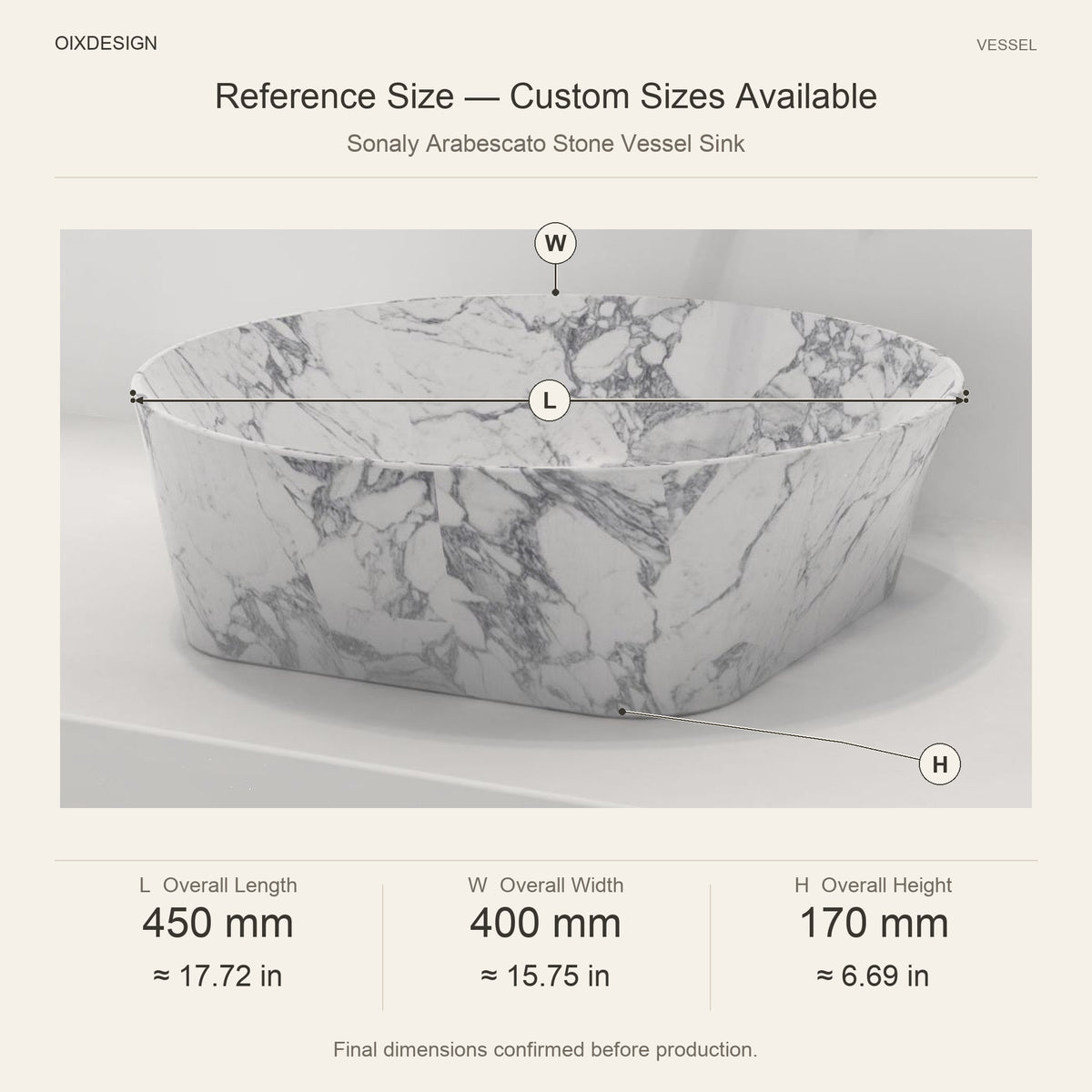 Sonaly Arabescato Stone Vessel Sink reference overall dimensions in millimeters and inches