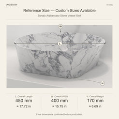 Sonaly Arabescato Stone Vessel Sink reference overall dimensions in millimeters and inches