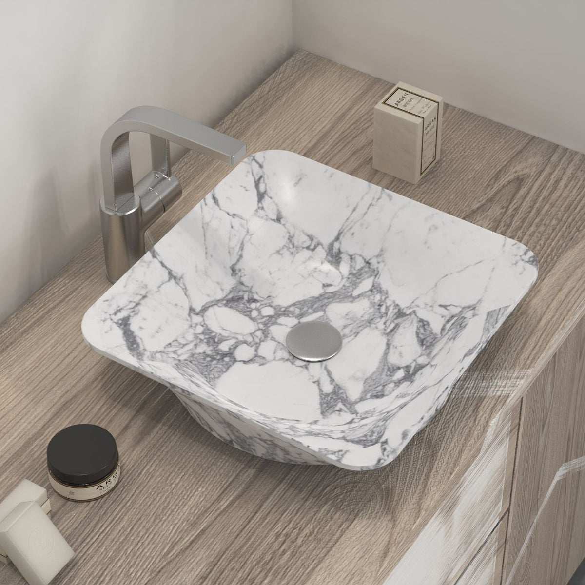 Sonary Arabescato Stone Vessel Sink, alternate countertop lifestyle view
