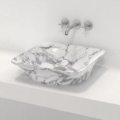 Sonary Arabescato Stone Vessel Sink, overall form and side profile