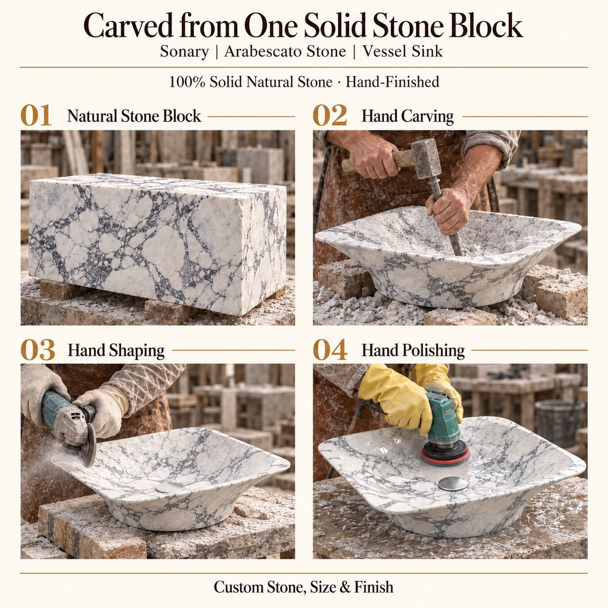 Sonary Arabescato Stone Vessel Sink carved from one solid stone block, showing manual hammer-and-chisel carving, hand shaping and hand polishing; custom stone, size and finish.