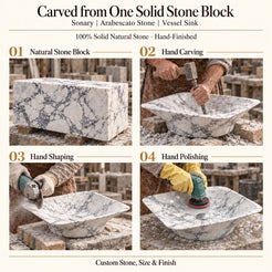 Sonary Arabescato Stone Vessel Sink carved from one solid stone block, showing manual hammer-and-chisel carving, hand shaping and hand polishing; custom stone, size and finish.