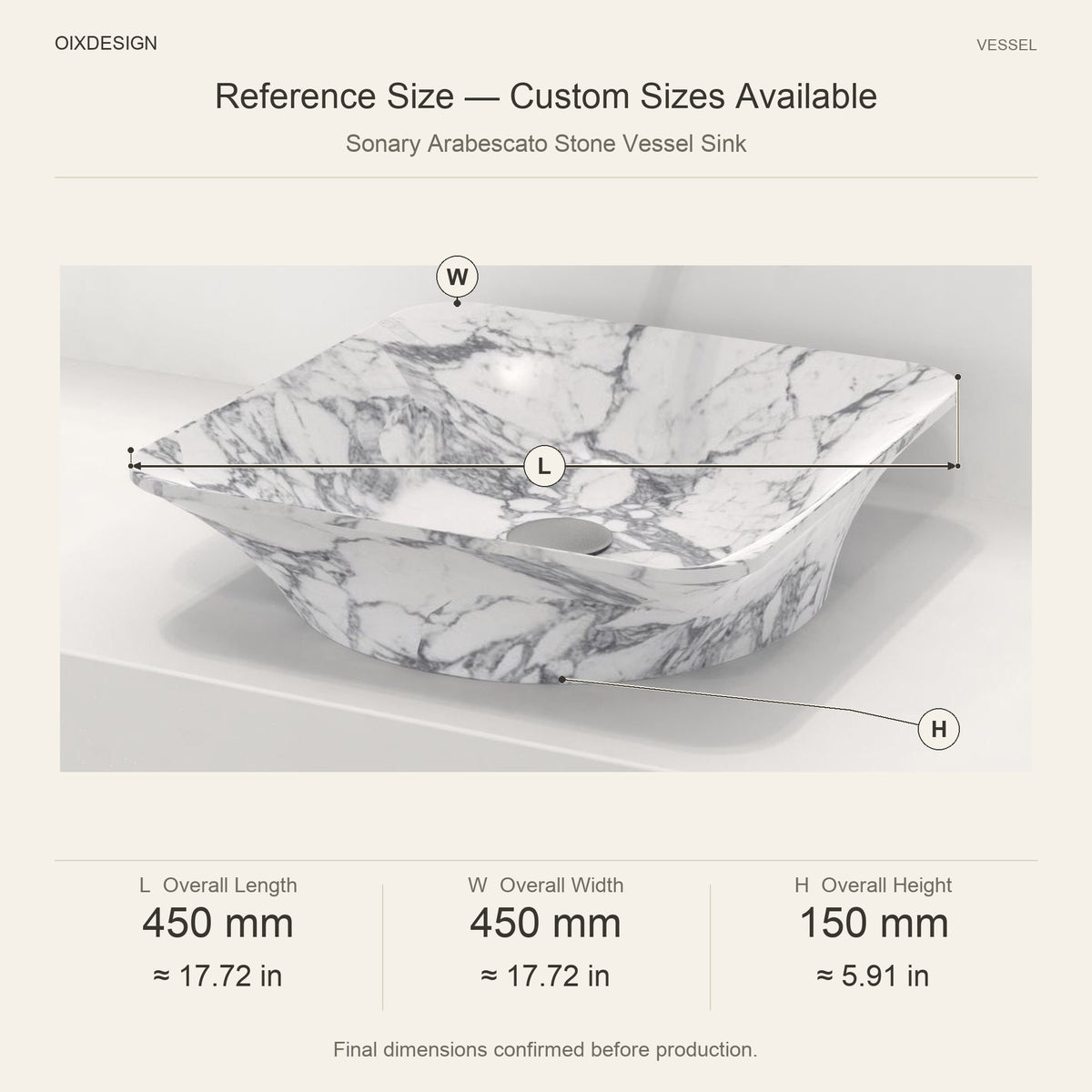 Sonary Arabescato Stone Vessel Sink reference overall dimensions in millimeters and inches