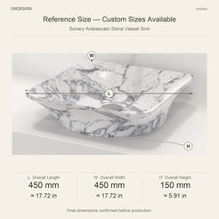 Sonary Arabescato Stone Vessel Sink reference overall dimensions in millimeters and inches