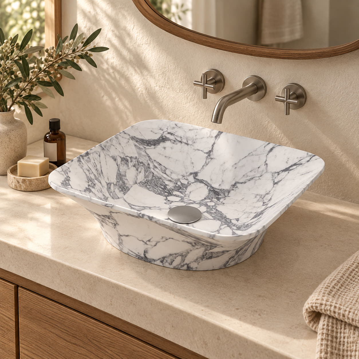 Sonary Arabescato vessel sink in a warm stone and oak bathroom