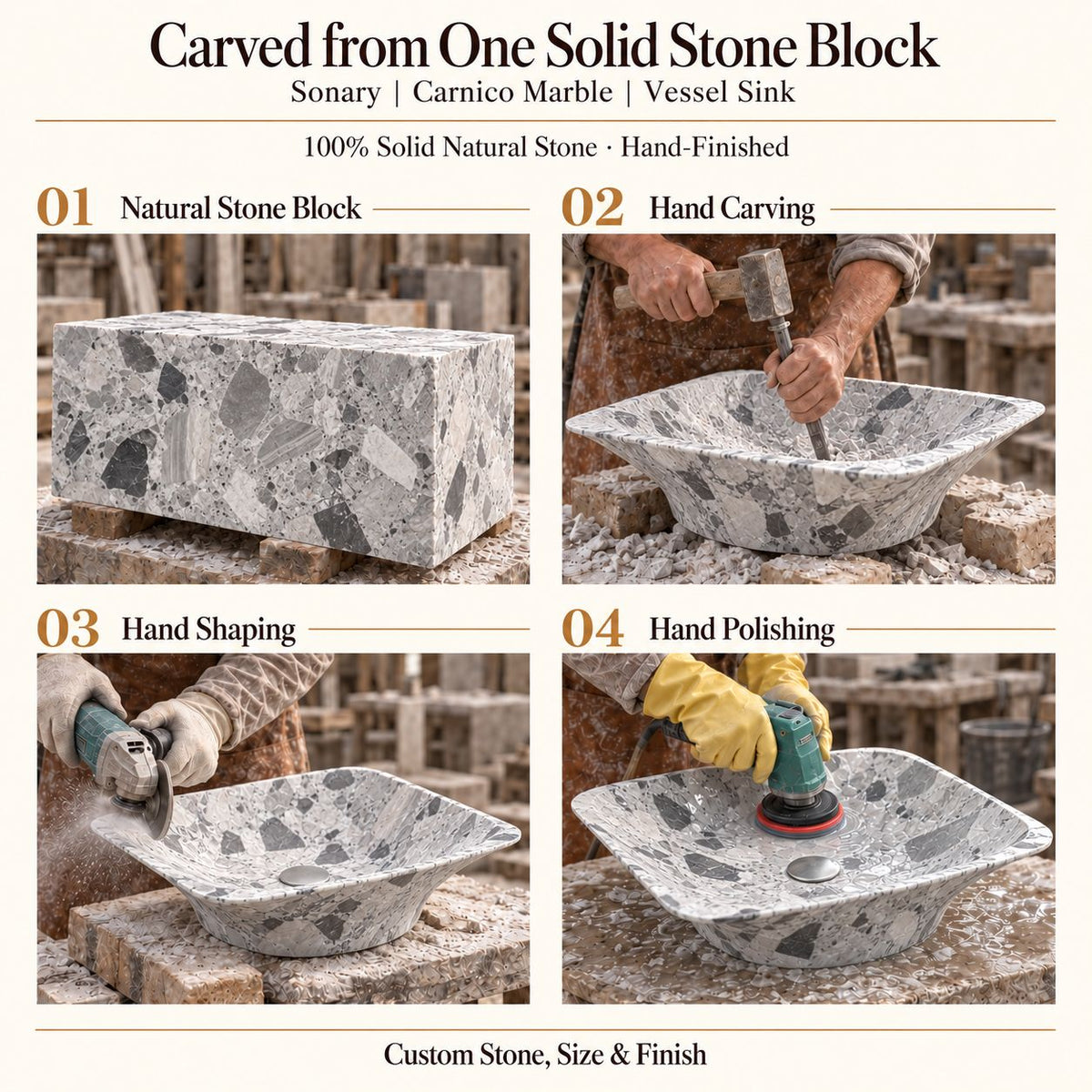 Sonary Carnico Marble Vessel Sink carved from one solid stone block, showing manual hammer-and-chisel carving, hand shaping and hand polishing; custom stone, size and finish.