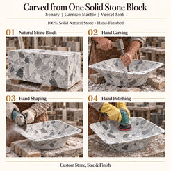 Sonary Carnico Marble Vessel Sink carved from one solid stone block, showing manual hammer-and-chisel carving, hand shaping and hand polishing; custom stone, size and finish.