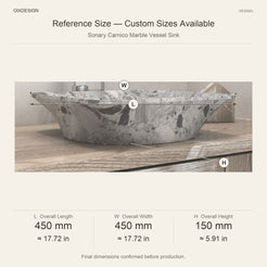Sonary Carnico Marble Vessel Sink reference overall dimensions in millimeters and inches