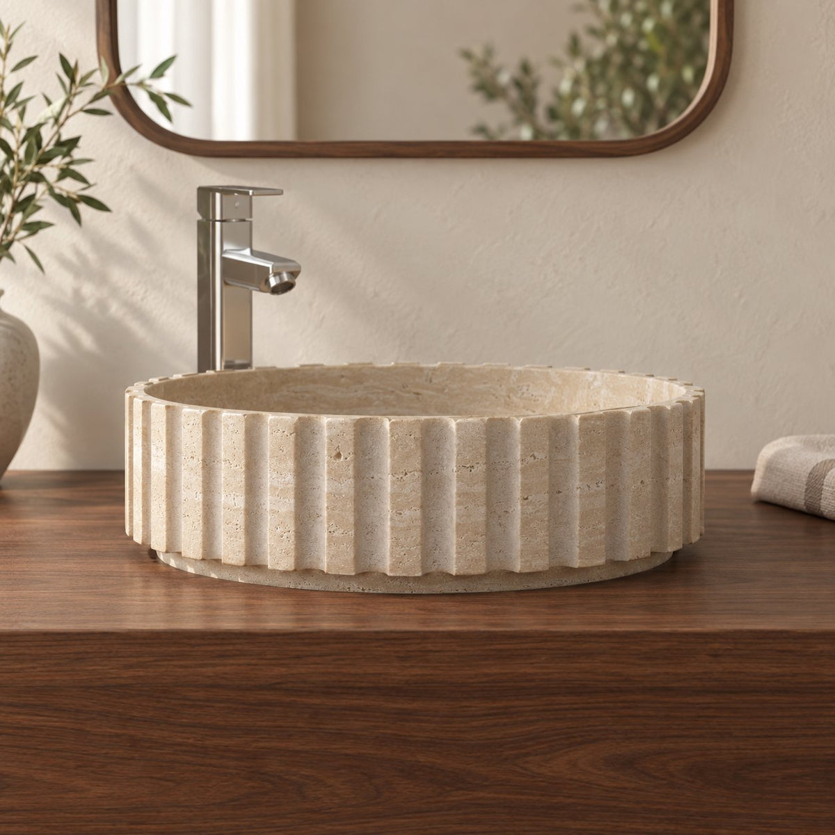 Sonata Travertino Romano Travertine Vessel Sink — low frontal bathroom lifestyle