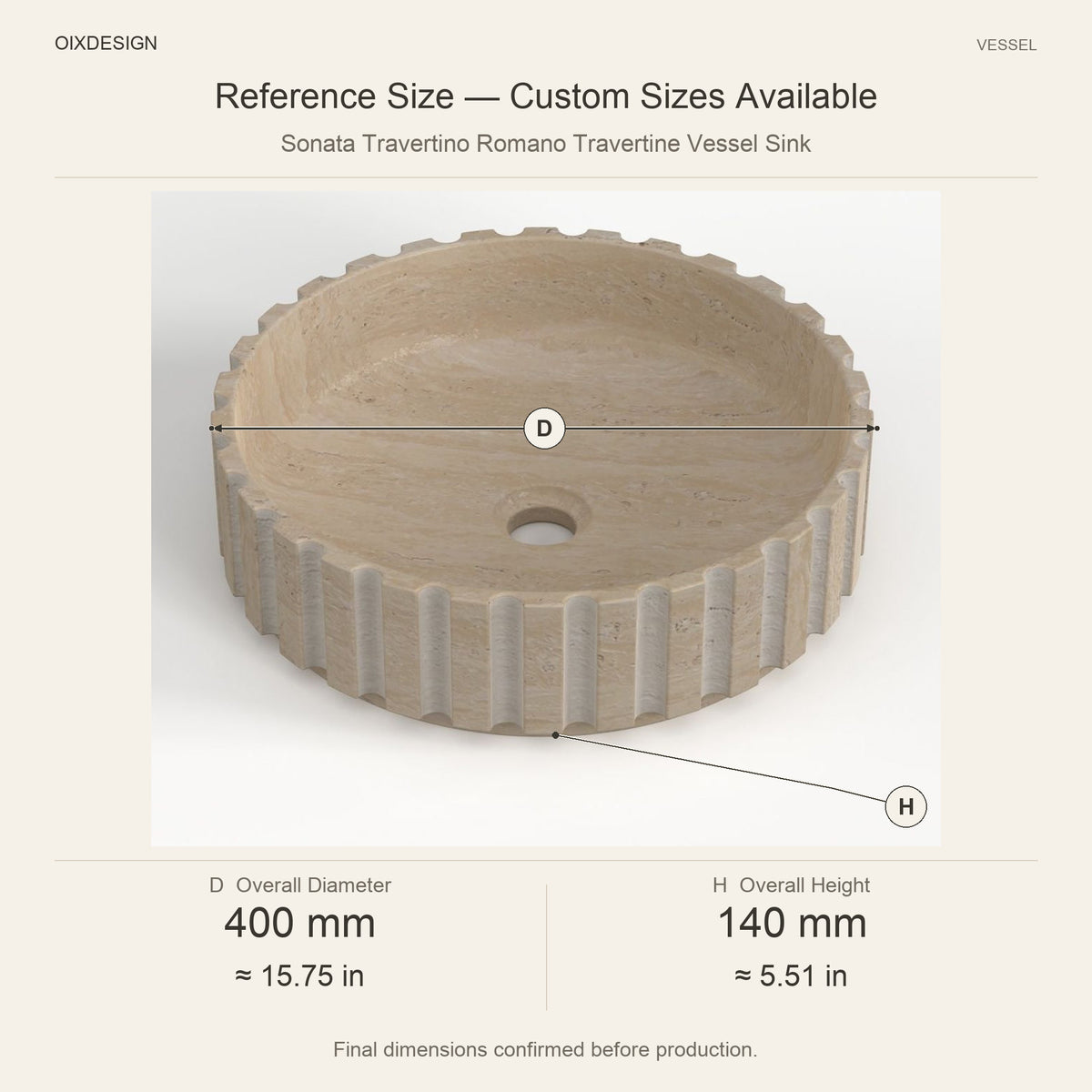 Sonata Travertino Romano Travertine Vessel Sink reference overall dimensions in millimeters and inches
