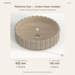 Sonata Travertino Romano Travertine Vessel Sink reference overall dimensions in millimeters and inches