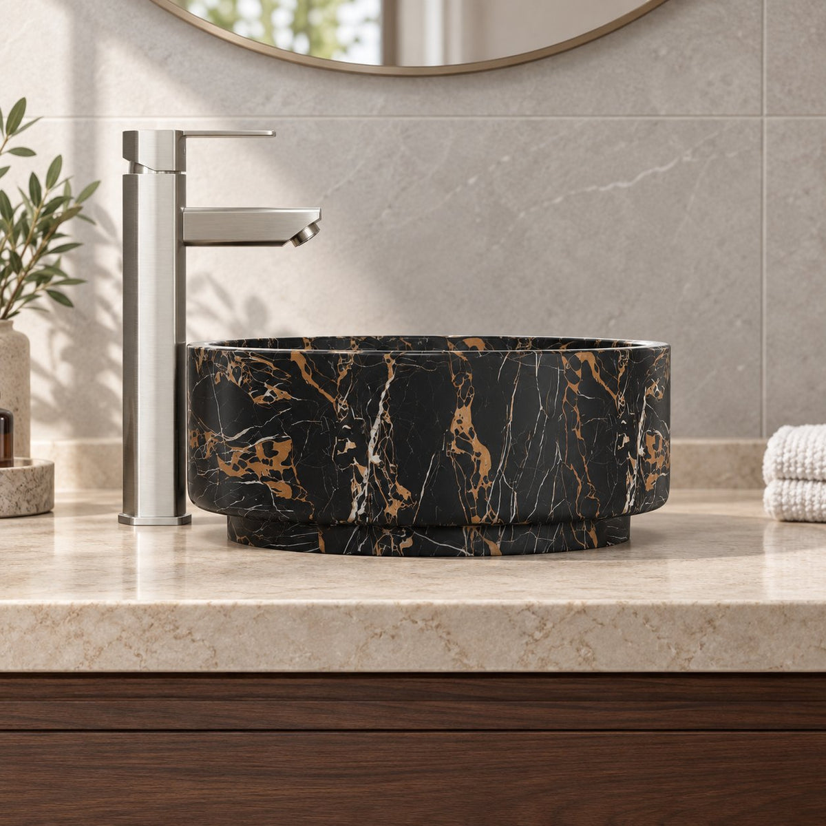 Sonika Galaxy Marble Vessel Sink — low frontal lifestyle showing cylindrical basin and recessed circular foot