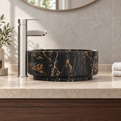 Sonika Galaxy Marble Vessel Sink — low frontal lifestyle showing cylindrical basin and recessed circular foot