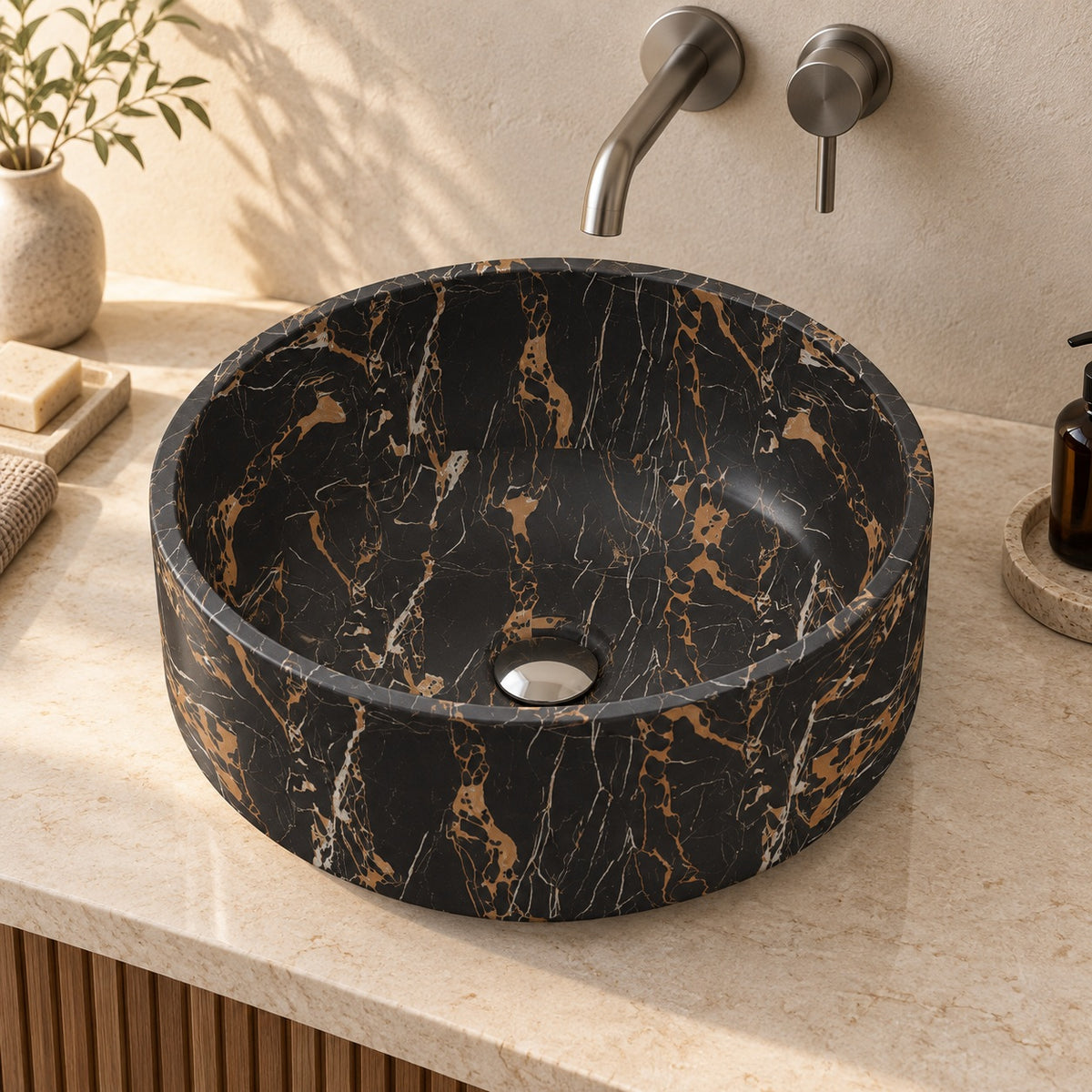 Sonika Galaxy Marble Vessel Sink, countertop hero lifestyle view