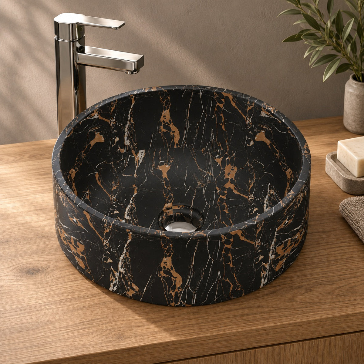 Sonika Galaxy Marble Vessel Sink, second countertop lifestyle setting