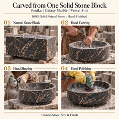 Sonika Galaxy Marble Vessel Sink carved from one solid stone block, showing manual hammer-and-chisel carving, hand shaping and hand polishing; custom stone, size and finish.