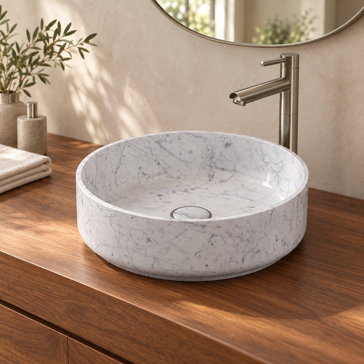 Sonila Carrara Marble Vessel Sink — three-quarter bathroom hero lifestyle