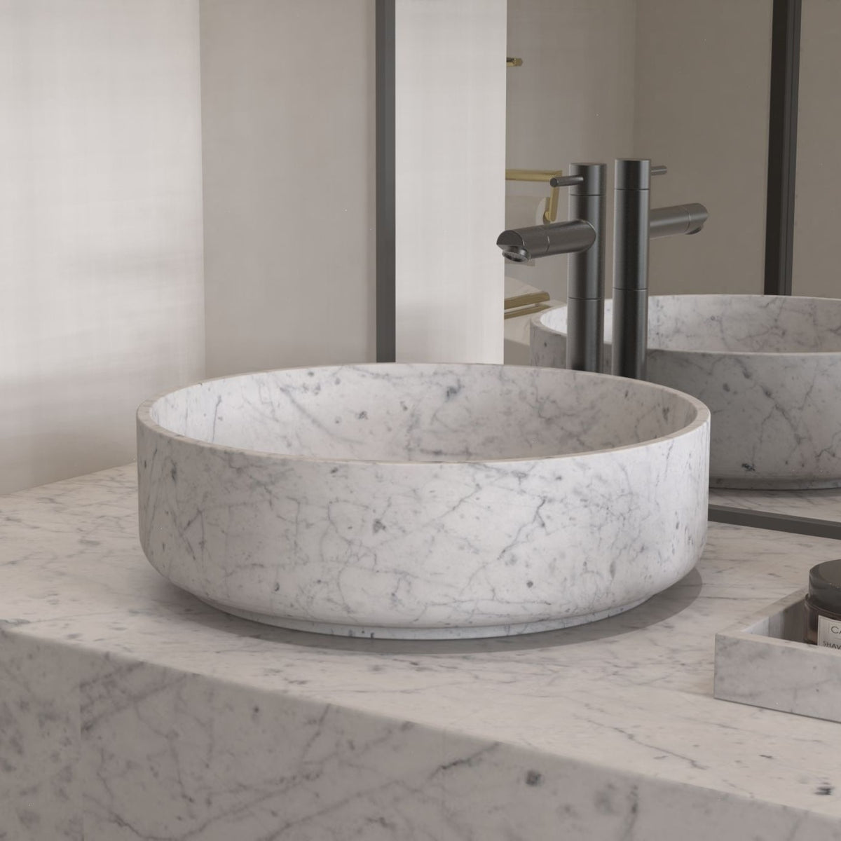 Sonila Carrara Marble Vessel Sink, countertop hero lifestyle view