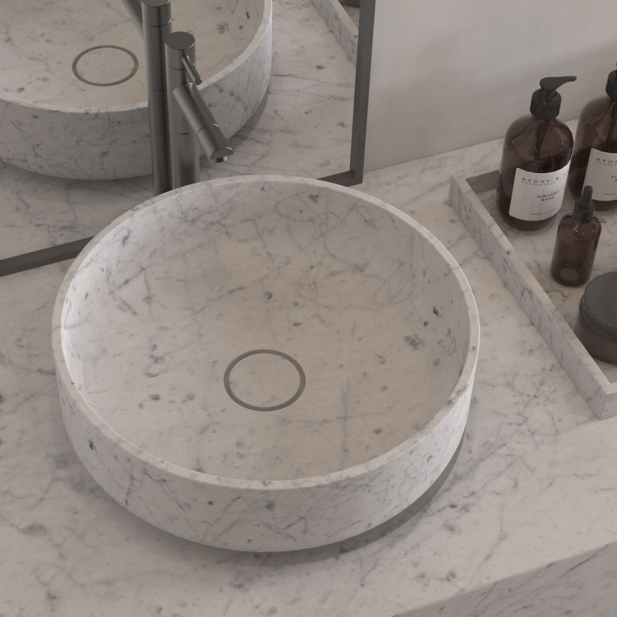 Sonila Carrara Marble Vessel Sink, alternate countertop lifestyle angle