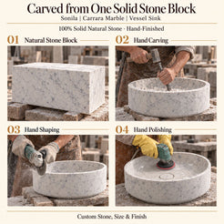 Sonila Carrara Marble Vessel Sink carved from one solid stone block, showing manual hammer-and-chisel carving, hand shaping and hand polishing; custom stone, size and finish.