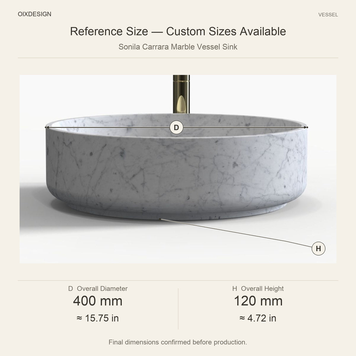 Sonila Carrara Marble Vessel Sink reference overall dimensions in millimeters and inches