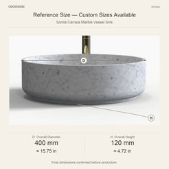 Sonila Carrara Marble Vessel Sink reference overall dimensions in millimeters and inches