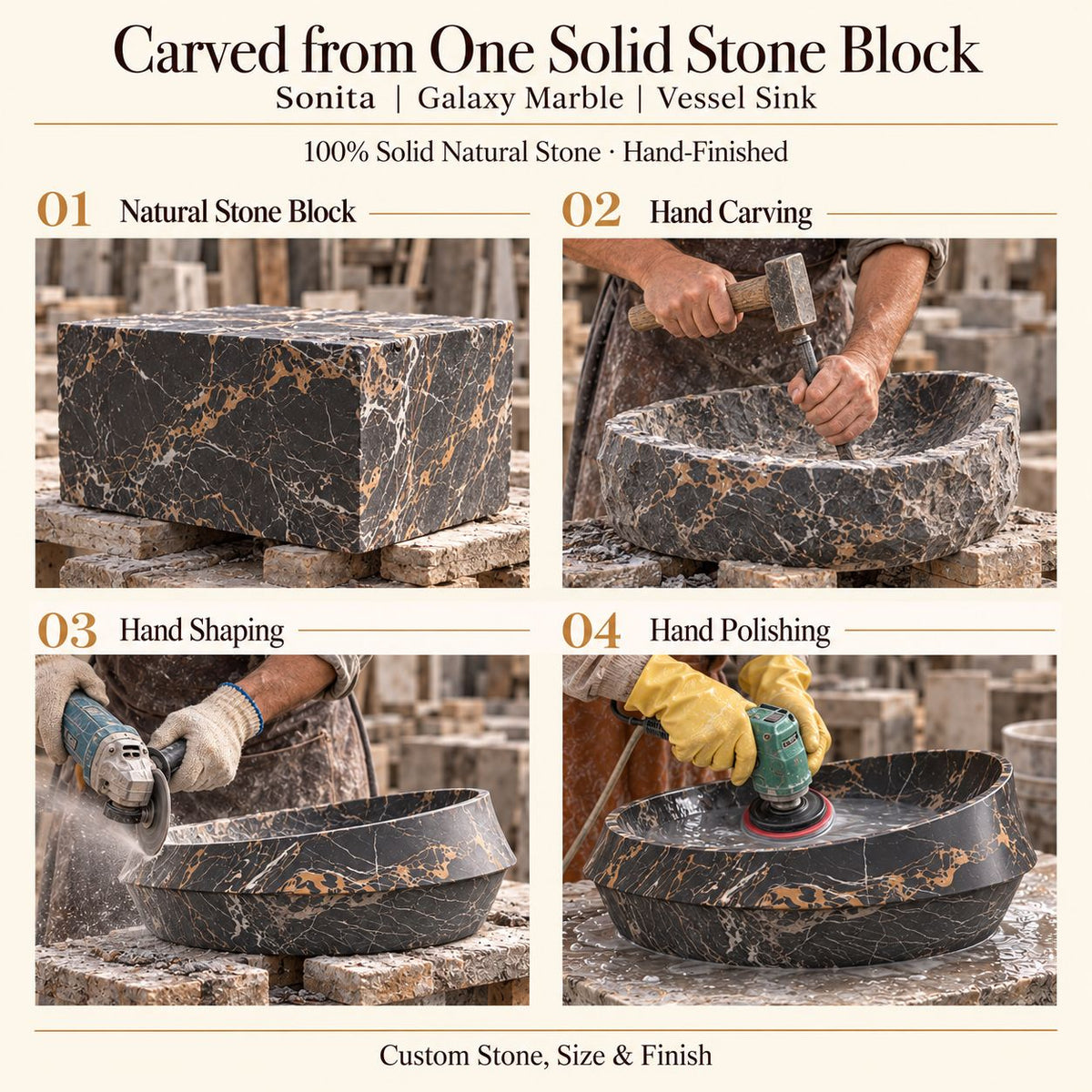 Sonita Galaxy Marble Vessel Sink carved from one solid stone block, showing manual hammer-and-chisel carving, hand shaping and hand polishing; custom stone, size and finish.