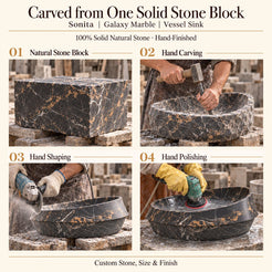 Sonita Galaxy Marble Vessel Sink carved from one solid stone block, showing manual hammer-and-chisel carving, hand shaping and hand polishing; custom stone, size and finish.