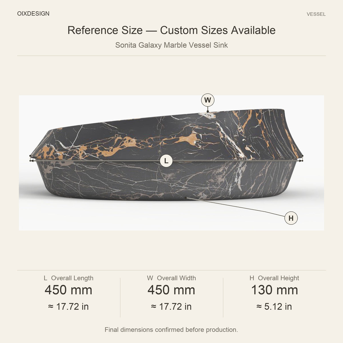 Sonita Galaxy Marble Vessel Sink reference overall dimensions in millimeters and inches