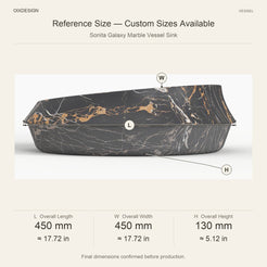 Sonita Galaxy Marble Vessel Sink reference overall dimensions in millimeters and inches
