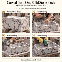 Sookie Calacatta Marble Vessel Sink carved from one solid stone block, showing manual hammer-and-chisel carving, hand shaping and hand polishing; custom stone, size and finish.