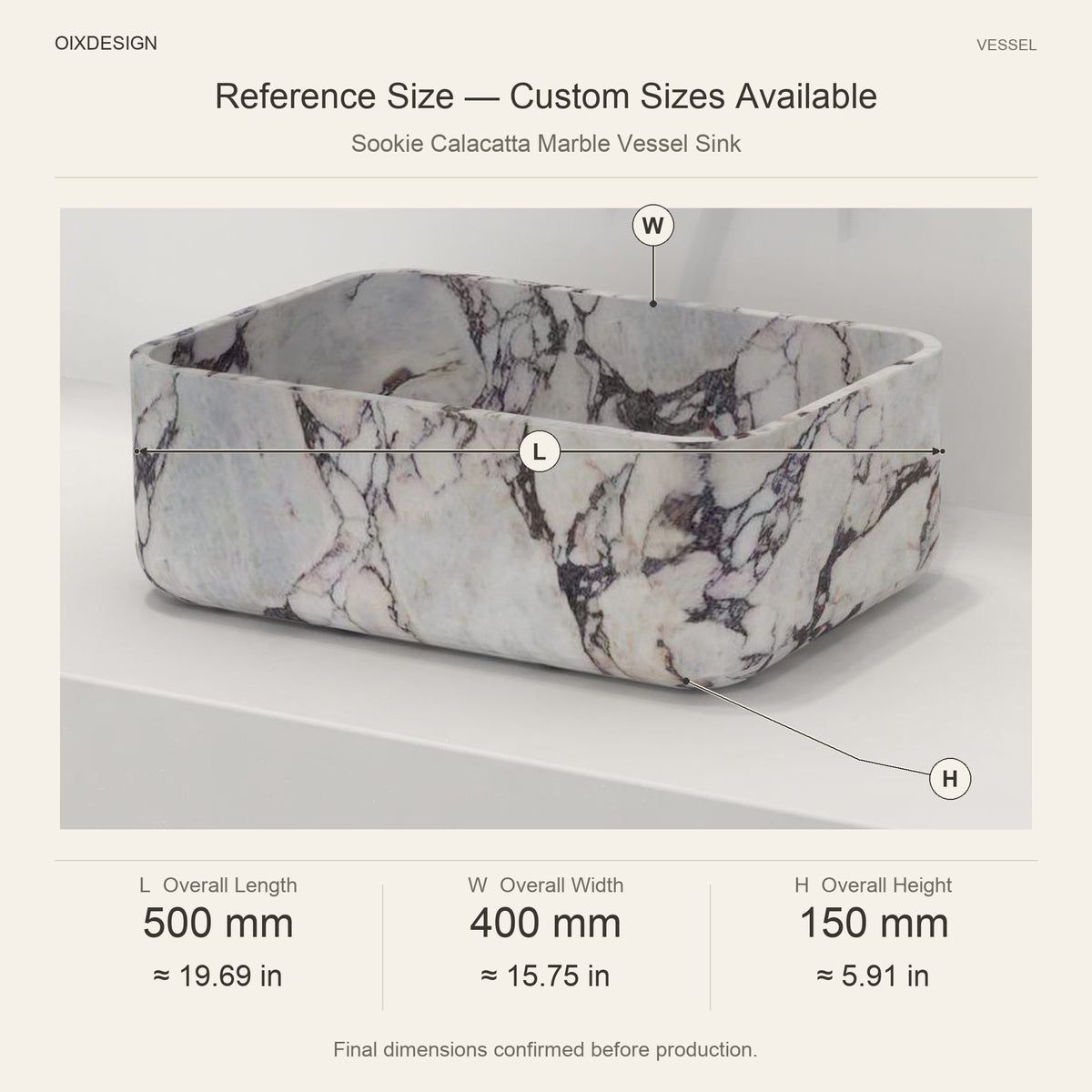 Sookie Calacatta Marble Vessel Sink reference overall dimensions in millimeters and inches
