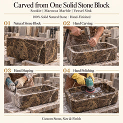 Sookie Marocca Marble Vessel Sink carved from one solid stone block, showing manual hammer-and-chisel carving, hand shaping and hand polishing; custom stone, size and finish.
