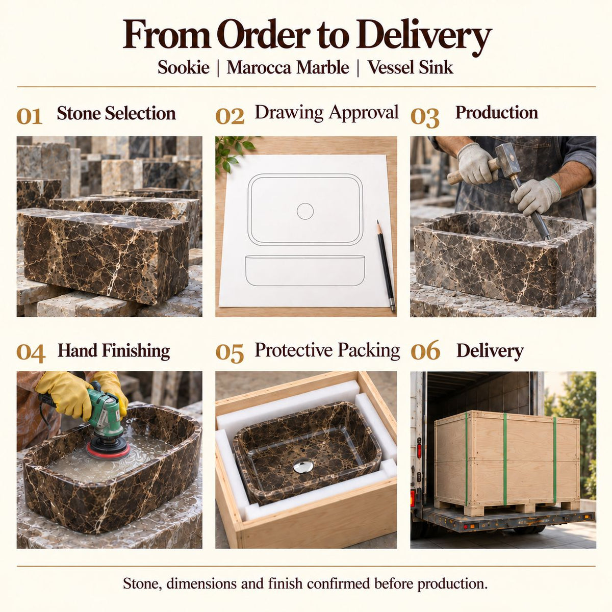 Sookie Marocca Marble Vessel Sink from order to delivery: material selection, drawing approval, production, hand finishing, protective foam packing in a plywood crate and delivery; specifications confirmed before production.